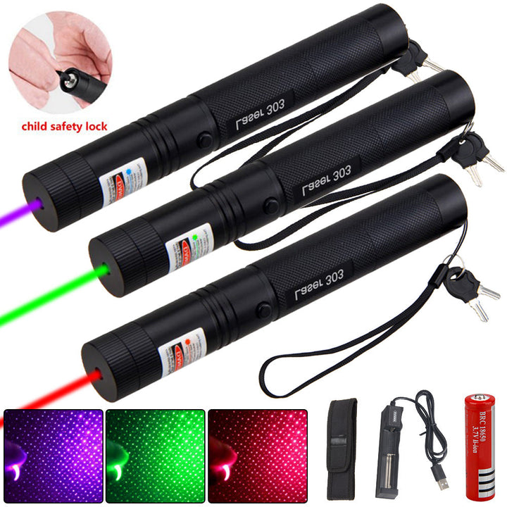 Mångsidig uppladdningsbar laserpekare. Verktyg för presentationer, utomhusbruk, med lång röd laserstråle.