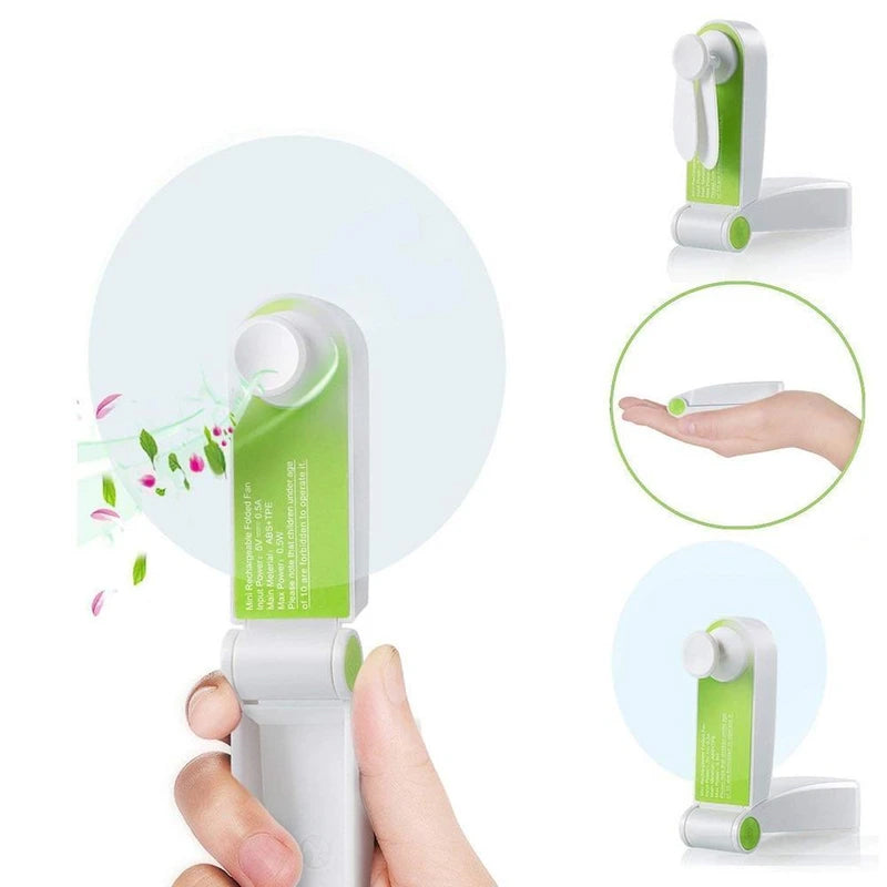 "Uppladdningsbar handhållen mini USB-fläkt i grön färg, kompakt design, perfekt för sommaranvändning, hållbar och bärbar."