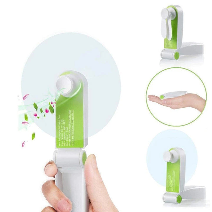 "Uppladdningsbar handhållen mini USB-fläkt i grön färg, kompakt design, perfekt för sommaranvändning, hållbar och bärbar."