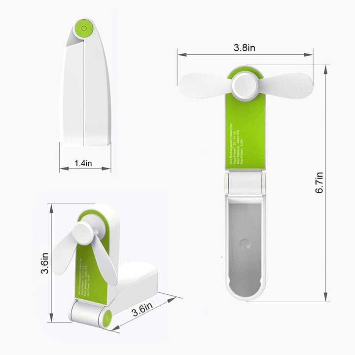 "Uppladdningsbar handhållen mini USB-fläkt i grön färg, kompakt design, perfekt för sommaranvändning, hållbar och bärbar."
