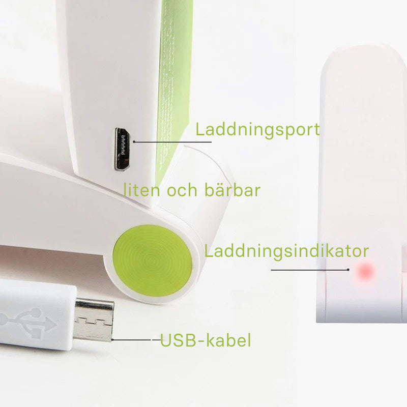 "Uppladdningsbar handhållen mini USB-fläkt i grön färg, kompakt design, perfekt för sommaranvändning, hållbar och bärbar."