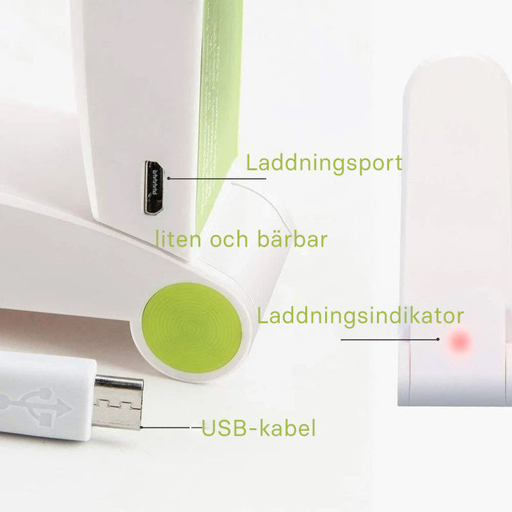 "Uppladdningsbar handhållen mini USB-fläkt i grön färg, kompakt design, perfekt för sommaranvändning, hållbar och bärbar."
