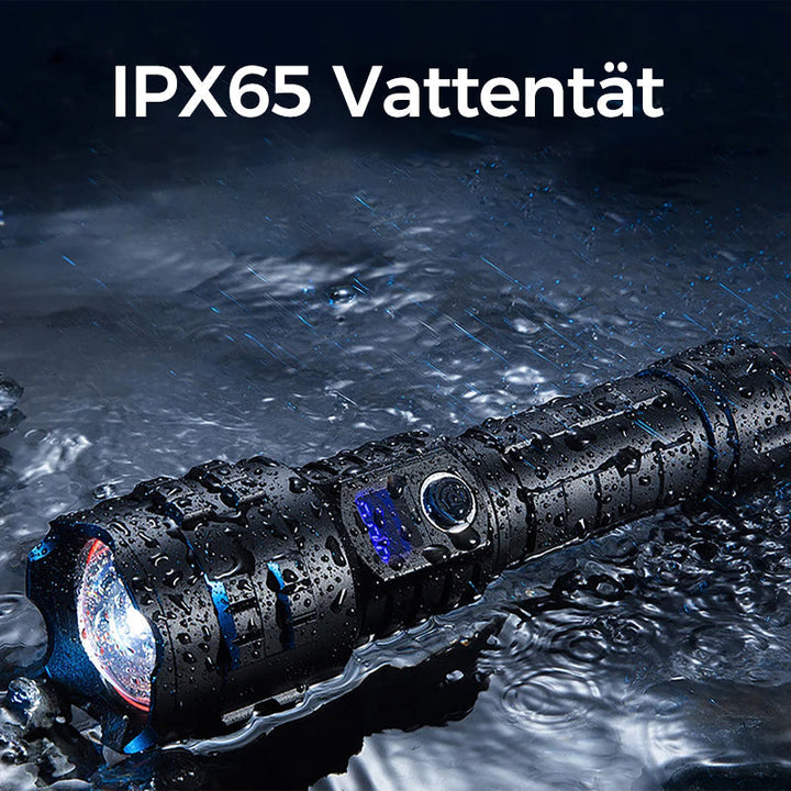 "Uppladdningsbar stark LED-ficklampa för utomhusbruk, robust och vattentät IP-X65 med justerbara ljuslägen."