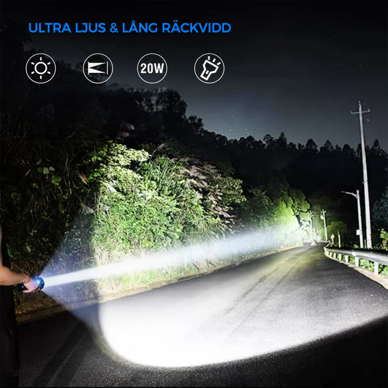 "Uppladdningsbar stark LED-ficklampa för utomhusbruk, robust och vattentät IP-X65 med justerbara ljuslägen."