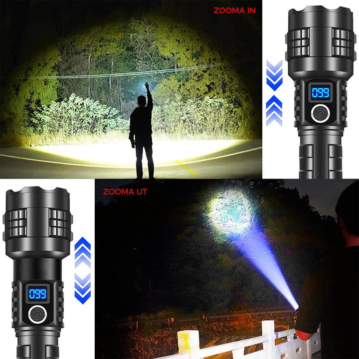 "Uppladdningsbar stark LED-ficklampa för utomhusbruk, robust och vattentät IP-X65 med justerbara ljuslägen."