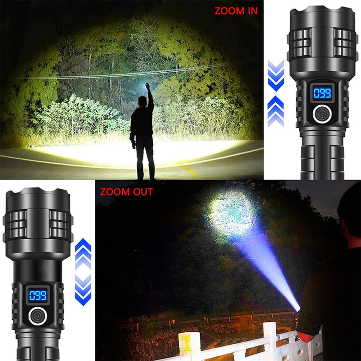 "Uppladdningsbar stark LED-ficklampa för utomhusbruk, robust och vattentät IP-X65 med justerbara ljuslägen."