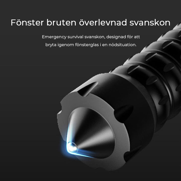 "Uppladdningsbar taktisk ficklampa, 90000 lumen, IPX5 vattentät, robust design, för äventyr och nödsituationer."