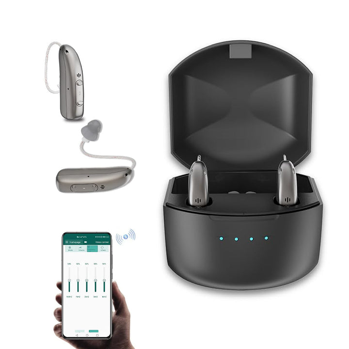 Uppladdningsbara Bluetooth hörapparater för äldre med diskret bakomörat-design och smart appkontroll.