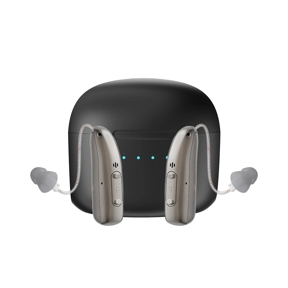 Bekväma uppladdningsbara hörapparater med effektiv brusreducering och Bluetooth för klart ljud.