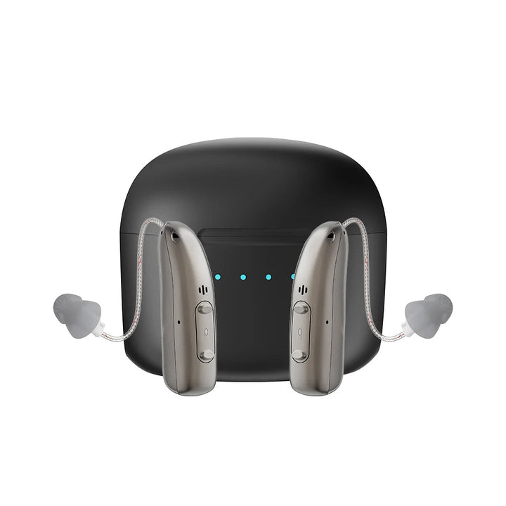 Bekväma uppladdningsbara hörapparater med effektiv brusreducering och Bluetooth för klart ljud.