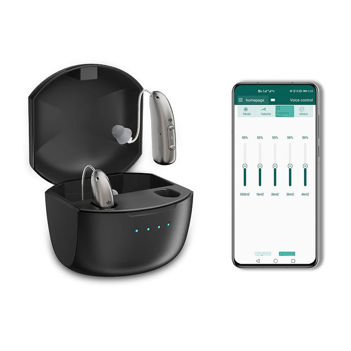 Diskret bakomörat-design för dessa uppladdningsbara Bluetooth hörapparater med intuitiv app-styrning.