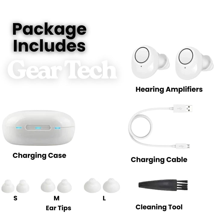 Kompakta uppladdningsbara in-ear hörapparater. Digital ljudförstärkare med Bluetooth för bättre hörsel.