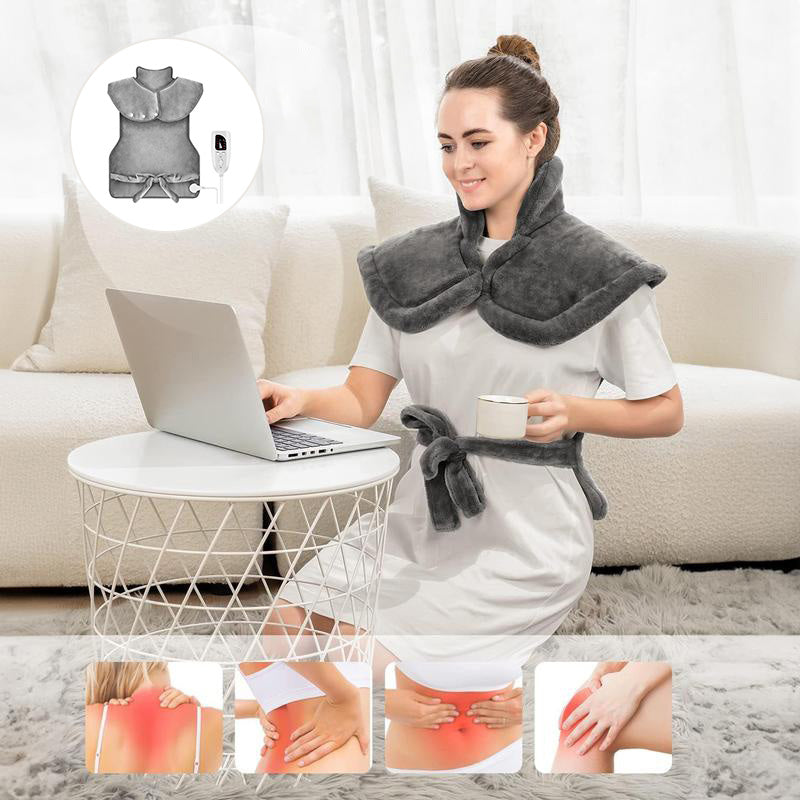 Uppvärmd elektrisk halsduk i grått, mjukt material, justerbar värme, perfekt för kalla dagar, komfort och avslappning.