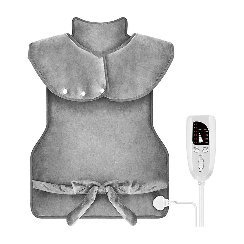 Uppvärmd elektrisk halsduk i grått, mjukt material, justerbar värme, perfekt för kalla dagar, komfort och avslappning.