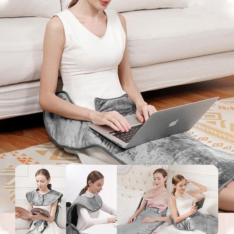 Uppvärmd elektrisk halsduk i grått, mjukt material, justerbar värme, perfekt för kalla dagar, komfort och avslappning.