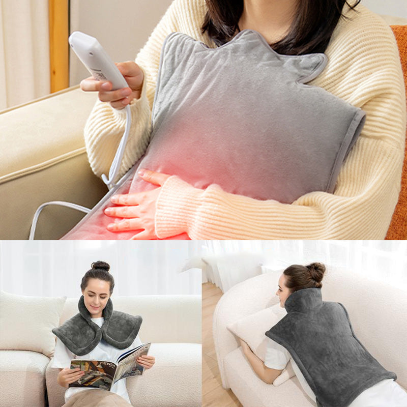 Uppvärmd elektrisk halsduk i grått, mjukt material, justerbar värme, perfekt för kalla dagar, komfort och avslappning.