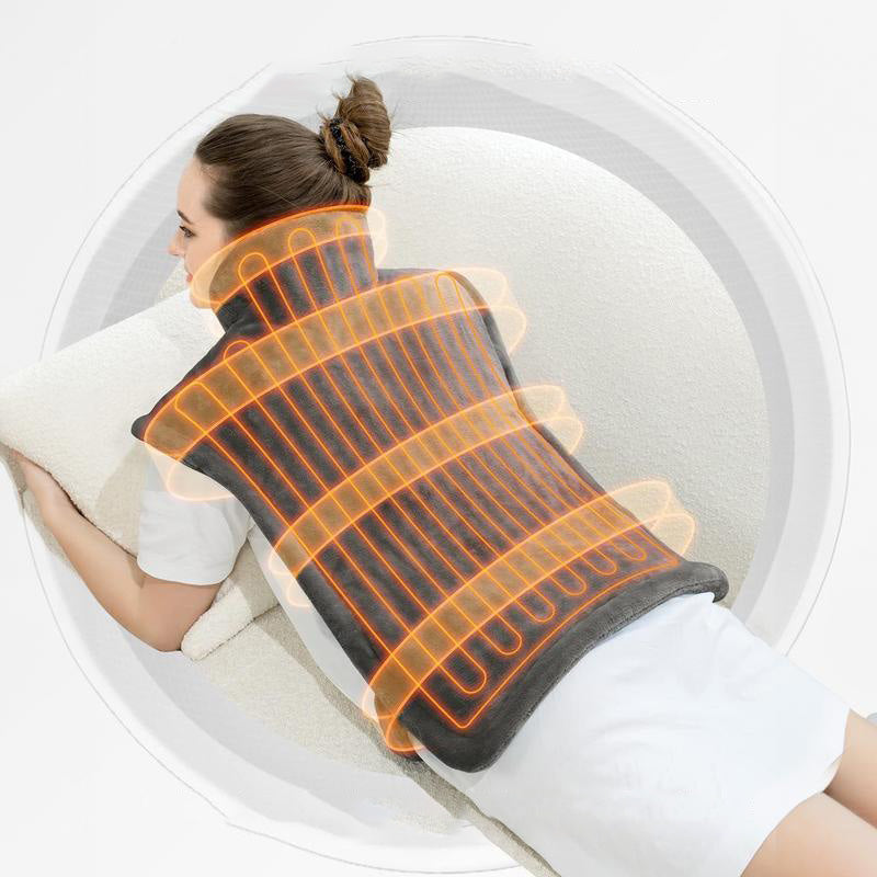 Uppvärmd elektrisk halsduk i grått, mjukt material, justerbar värme, perfekt för kalla dagar, komfort och avslappning.