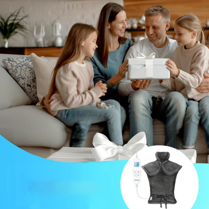 Uppvärmd elektrisk halsduk i grått, mjukt material, justerbar värme, perfekt för kalla dagar, komfort och avslappning.