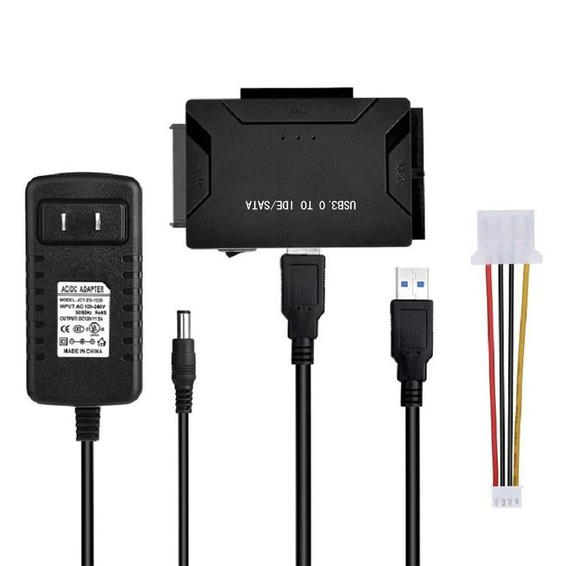 "USB 3.0 till IDE/SATA Adapter, svart, kopplad till hårddisk, kompaktdesign, ansluter 2,5 och 3,5 tum enheter, teknik."