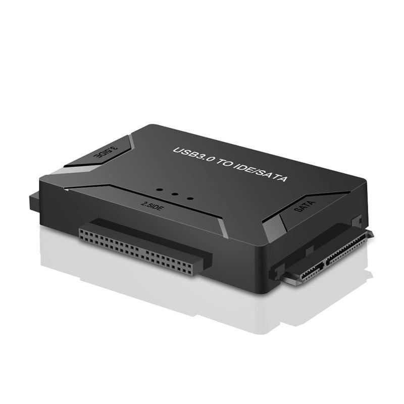 "USB 3.0 till IDE/SATA Adapter, svart, kopplad till hårddisk, kompaktdesign, ansluter 2,5 och 3,5 tum enheter, teknik."