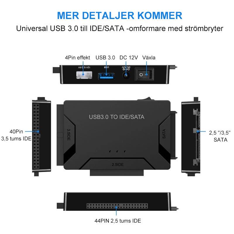 "USB 3.0 till IDE/SATA Adapter, svart, kopplad till hårddisk, kompaktdesign, ansluter 2,5 och 3,5 tum enheter, teknik."