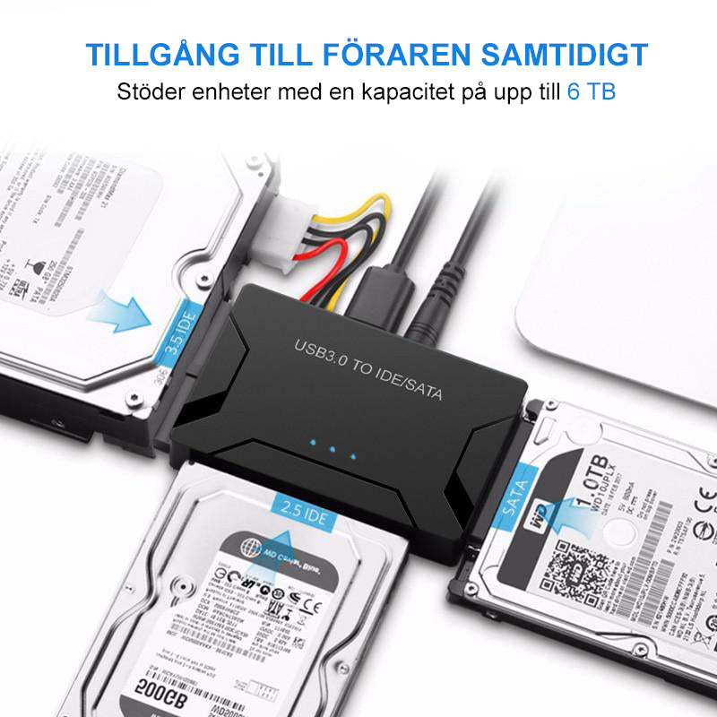 "USB 3.0 till IDE/SATA Adapter, svart, kopplad till hårddisk, kompaktdesign, ansluter 2,5 och 3,5 tum enheter, teknik."