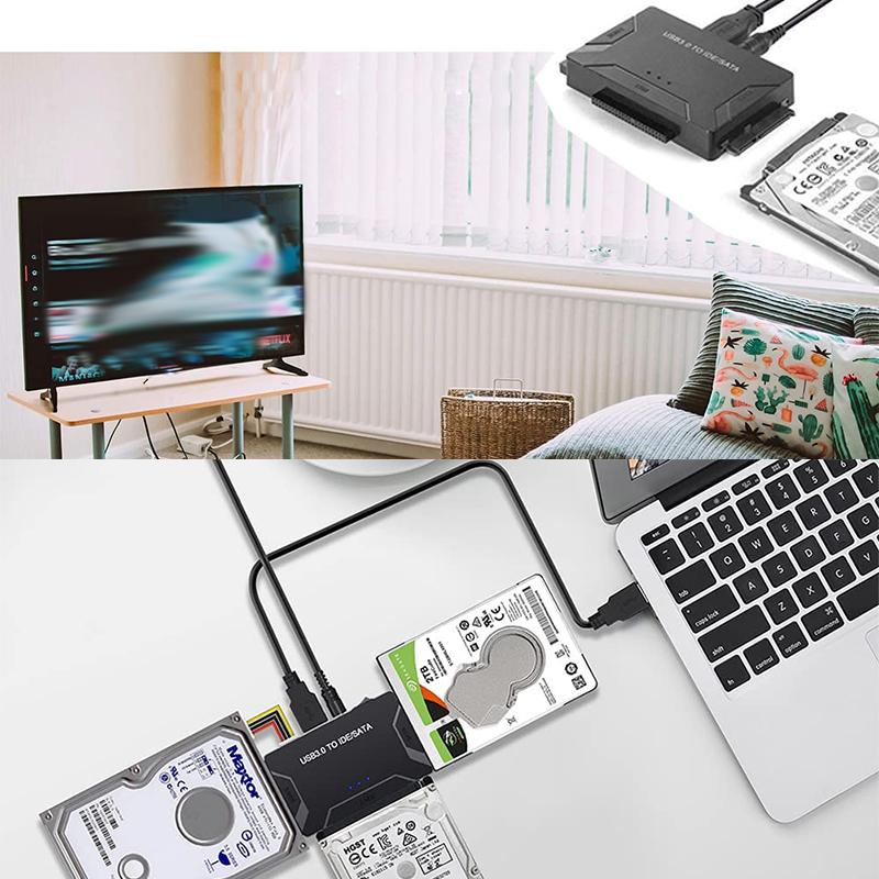 "USB 3.0 till IDE/SATA Adapter, svart, kopplad till hårddisk, kompaktdesign, ansluter 2,5 och 3,5 tum enheter, teknik."
