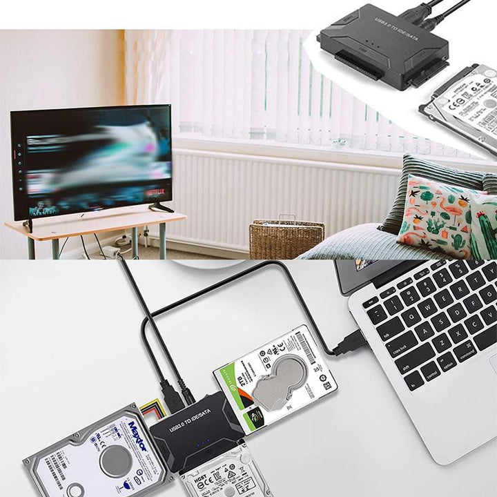 "USB 3.0 till IDE/SATA Adapter, svart, kopplad till hårddisk, kompaktdesign, ansluter 2,5 och 3,5 tum enheter, teknik."