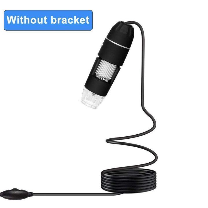 "USB digitalt mikroskop med LED, svart kropp, PC-anslutning, roterande fäste, för detaljerad observation och analys."