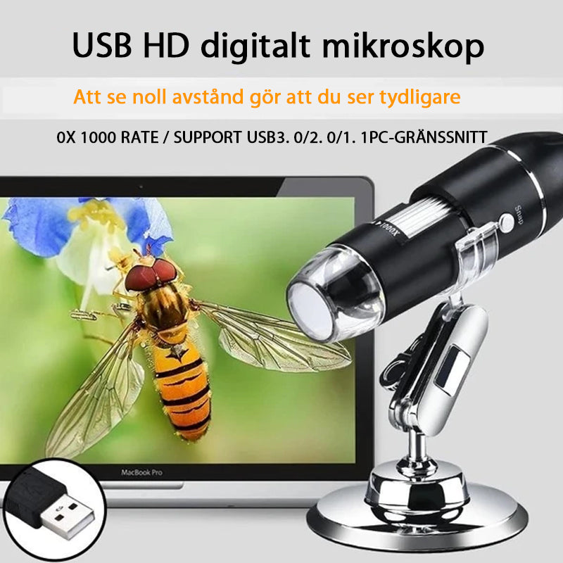 "USB digitalt mikroskop med LED, svart kropp, PC-anslutning, roterande fäste, för detaljerad observation och analys."