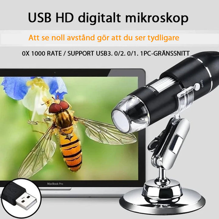 "USB digitalt mikroskop med LED, svart kropp, PC-anslutning, roterande fäste, för detaljerad observation och analys."