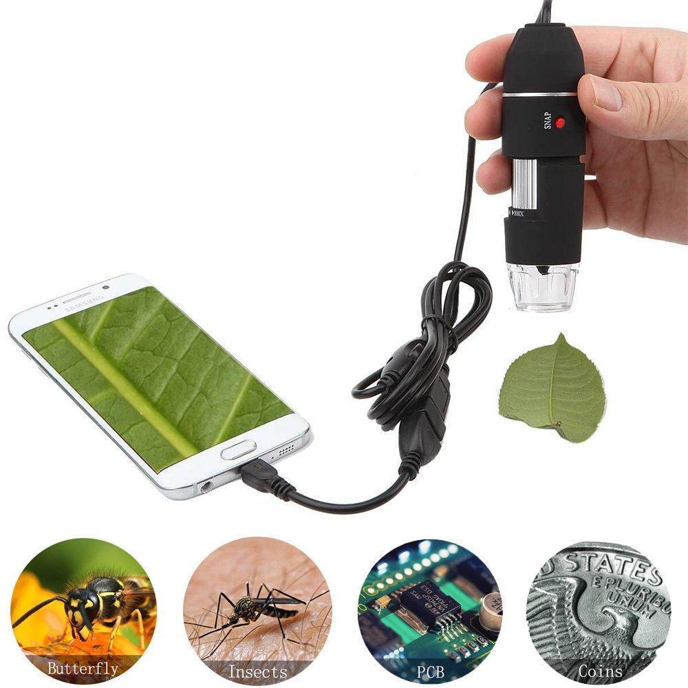 "USB digitalt mikroskop med LED, svart kropp, PC-anslutning, roterande fäste, för detaljerad observation och analys."