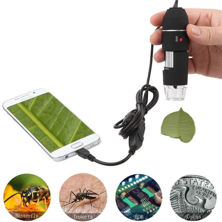 "USB digitalt mikroskop med LED, svart kropp, PC-anslutning, roterande fäste, för detaljerad observation och analys."
