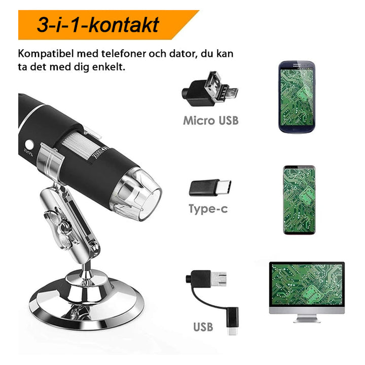 "USB digitalt mikroskop med LED, svart kropp, PC-anslutning, roterande fäste, för detaljerad observation och analys."