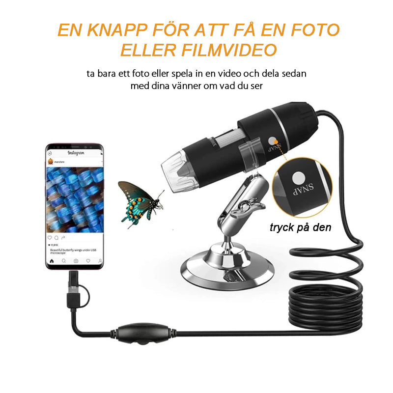 "USB digitalt mikroskop med LED, svart kropp, PC-anslutning, roterande fäste, för detaljerad observation och analys."