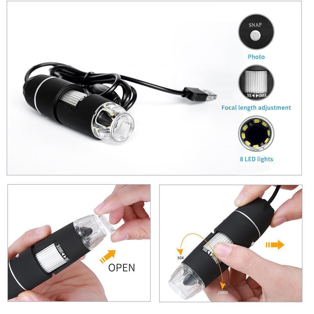 "USB digitalt mikroskop med LED, svart kropp, PC-anslutning, roterande fäste, för detaljerad observation och analys."
