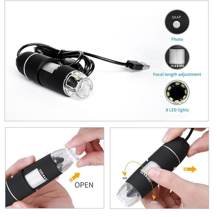 "USB digitalt mikroskop med LED, svart kropp, PC-anslutning, roterande fäste, för detaljerad observation och analys."