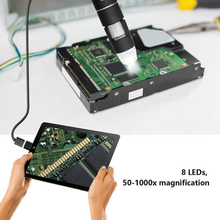 "USB digitalt mikroskop med LED, svart kropp, PC-anslutning, roterande fäste, för detaljerad observation och analys."