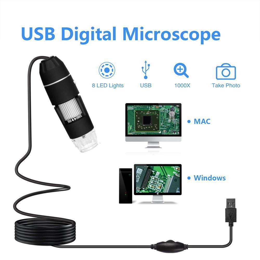 "USB digitalt mikroskop med LED, svart kropp, PC-anslutning, roterande fäste, för detaljerad observation och analys."