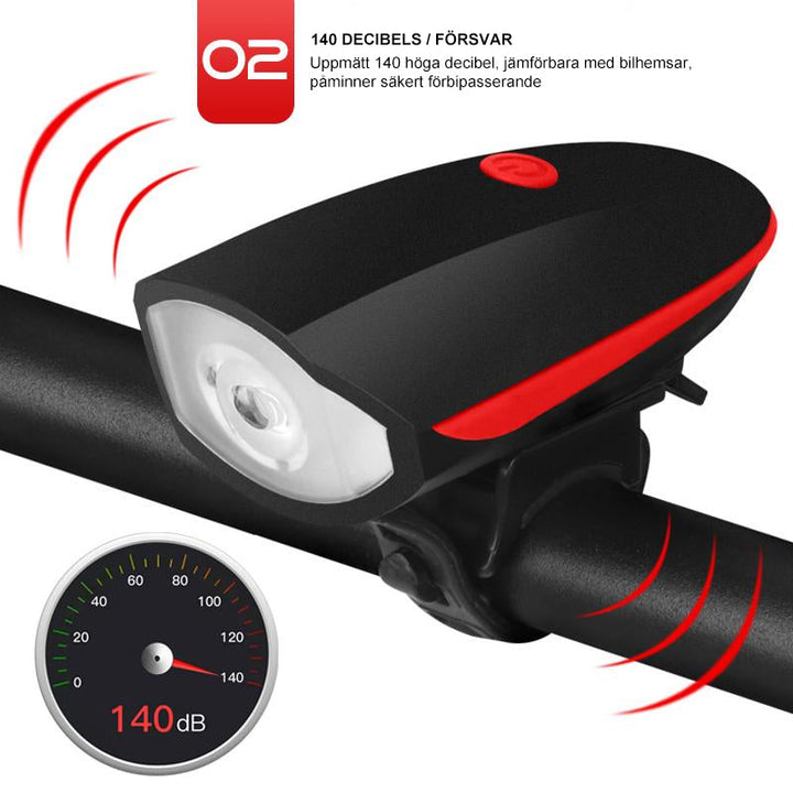 USB-laddningsbart cykelhorn och framljus i svart, erbjuder säker belysning och ljudsignaler för cykelturer, dag som natt.
