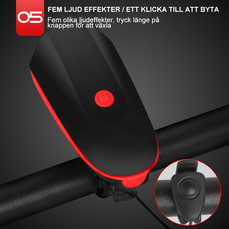 USB-laddningsbart cykelhorn och framljus i svart, erbjuder säker belysning och ljudsignaler för cykelturer, dag som natt.