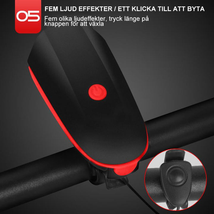 USB-laddningsbart cykelhorn och framljus i svart, erbjuder säker belysning och ljudsignaler för cykelturer, dag som natt.
