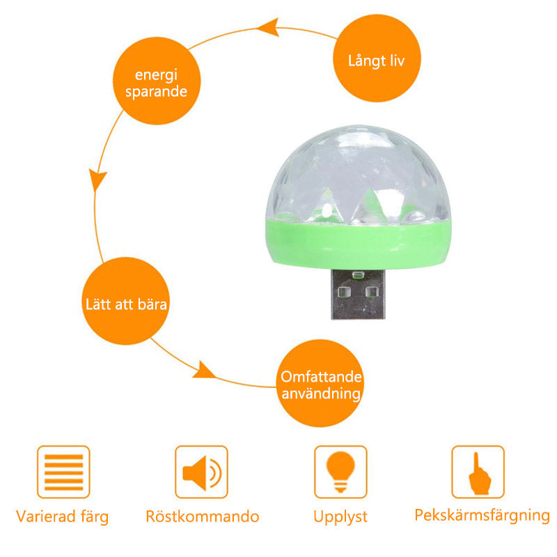 "USB Mini Svamplampa med LED-färger, svampformad, kompakt design, skapar färgglad atmosfär, ansluts via USB."