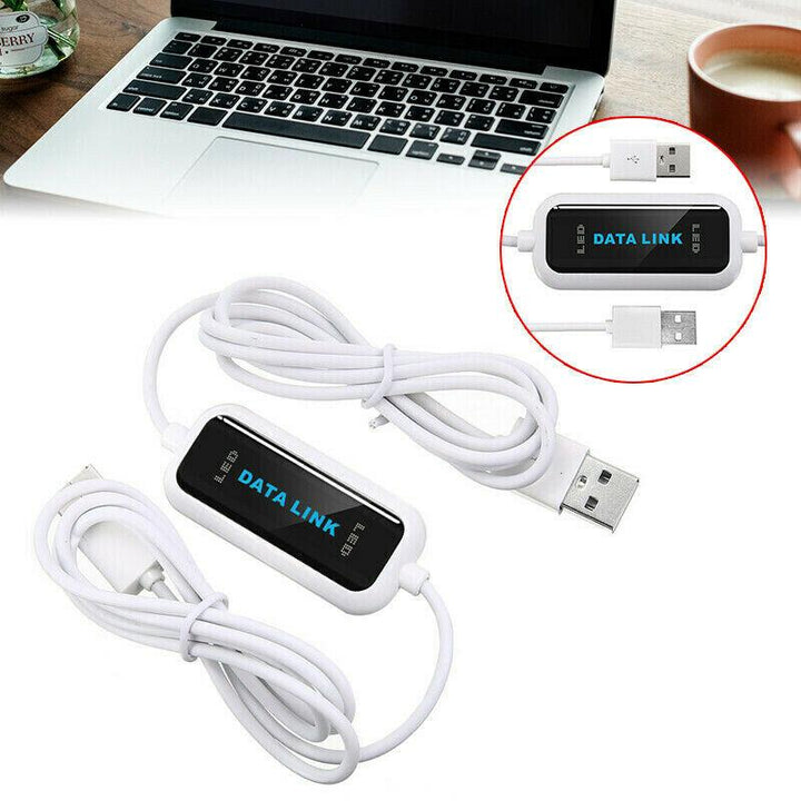 "USB överföringskabel plug and play, svart 1,5 m, ansluten till två datorer för enkel filöverföring utan drivrutiner"