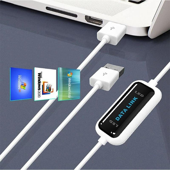 "USB överföringskabel plug and play, svart 1,5 m, ansluten till två datorer för enkel filöverföring utan drivrutiner"