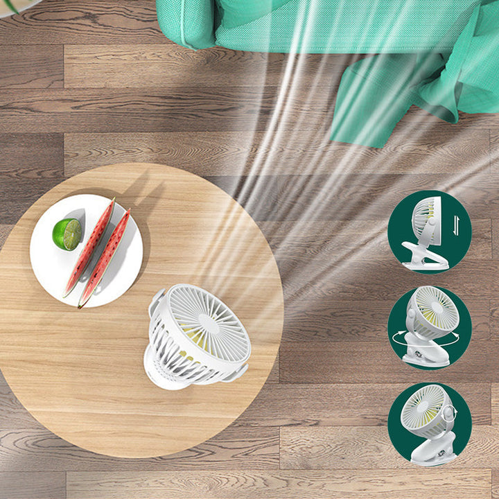 "USB uppladdningsbar mini fläkt med klämma, kompakt design, flera färger, justerbara hastigheter för svalka varma dagar."