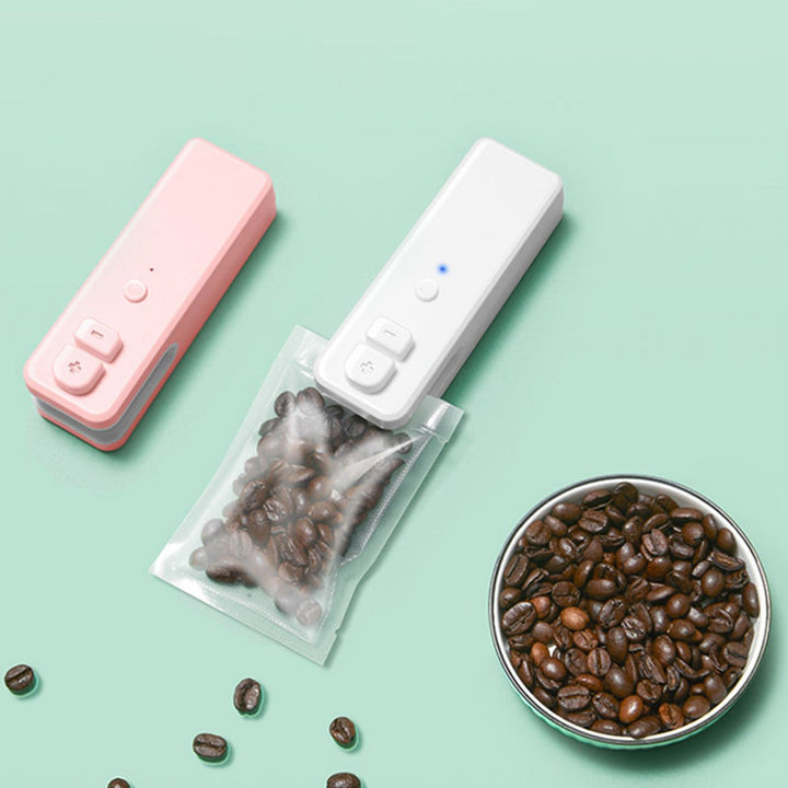"USB-uppladdningsbar miniförseglare för kök, kompakt design, vit färg, för plastsäcksförsegling och skärning"