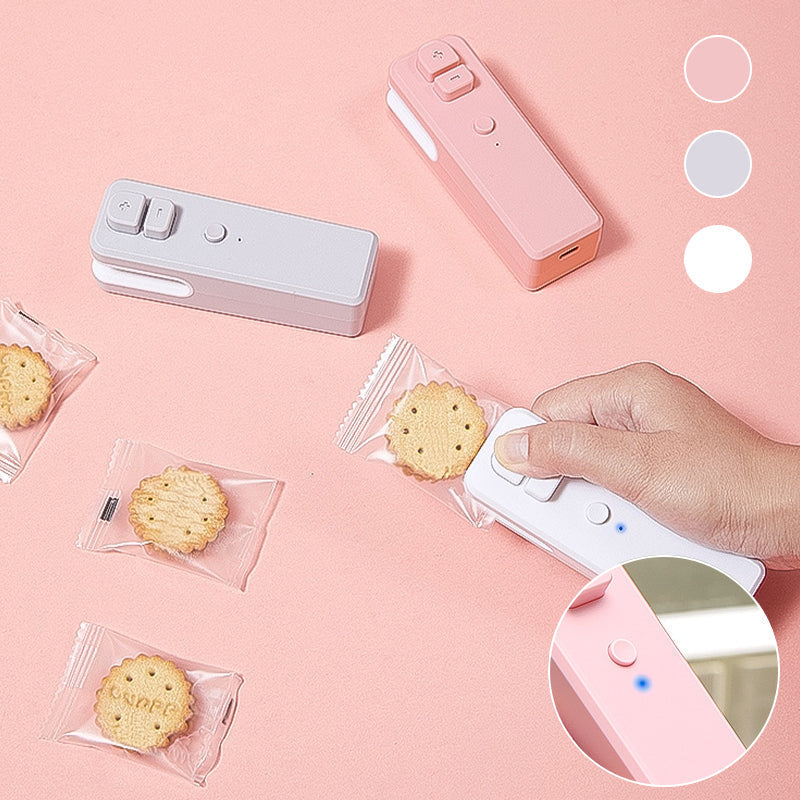 "USB-uppladdningsbar miniförseglare för kök, kompakt design, vit färg, för plastsäcksförsegling och skärning"