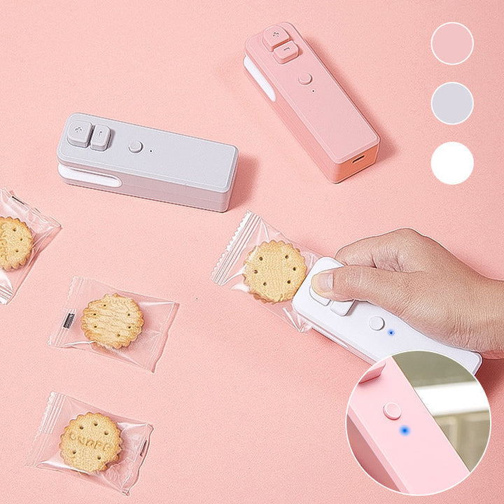 "USB-uppladdningsbar miniförseglare för kök, kompakt design, vit färg, för plastsäcksförsegling och skärning"