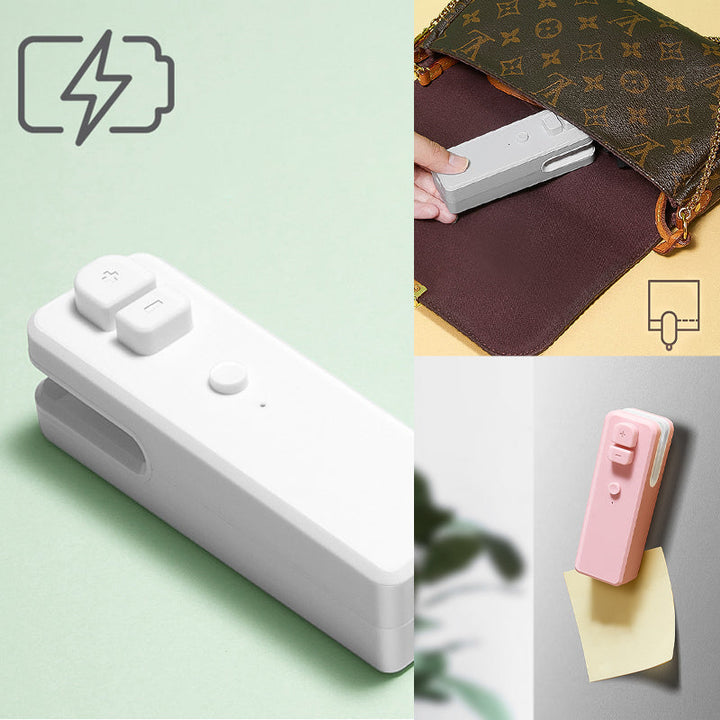 "USB-uppladdningsbar miniförseglare för kök, kompakt design, vit färg, för plastsäcksförsegling och skärning"